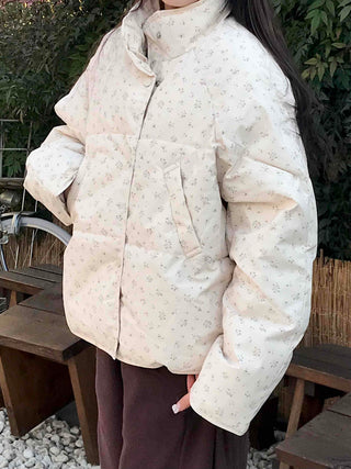 Soft Flower Pattern Stand Collar Quilted Padded Jacket