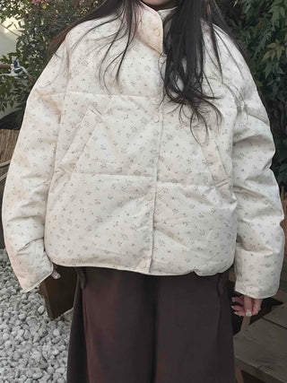 Soft Flower Pattern Stand Collar Quilted Padded Jacket