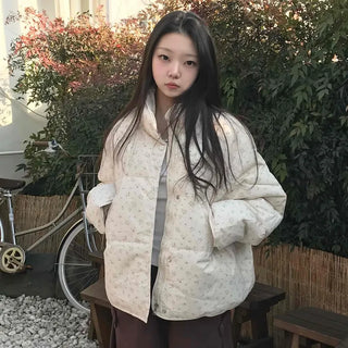 Soft Flower Pattern Stand Collar Quilted Padded Jacket