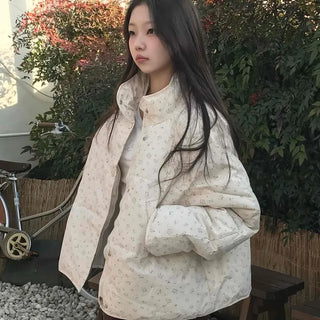 Soft Flower Pattern Stand Collar Quilted Padded Jacket