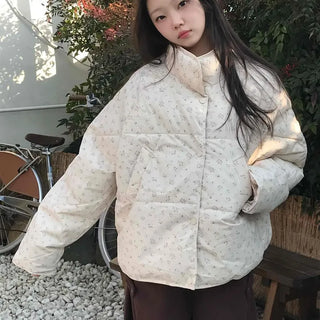 Soft Flower Pattern Stand Collar Quilted Padded Jacket