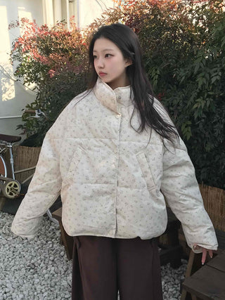 Soft Flower Pattern Stand Collar Quilted Padded Jacket