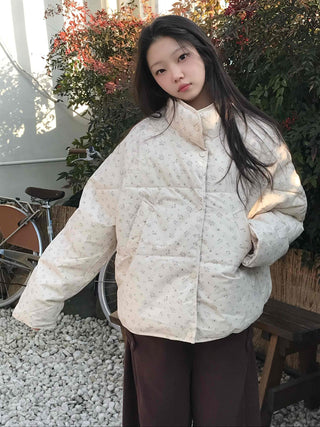 Soft Flower Pattern Stand Collar Quilted Padded Jacket