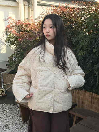 Soft Flower Pattern Stand Collar Quilted Padded Jacket
