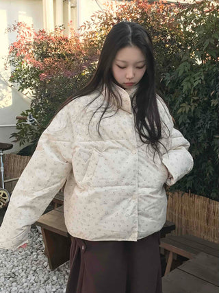 Soft Flower Pattern Stand Collar Quilted Padded Jacket