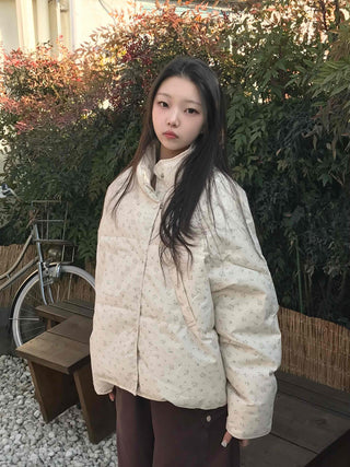 Soft Flower Pattern Stand Collar Quilted Padded Jacket