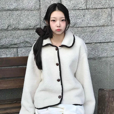 Collar Contrast Button Oversized Sherpa Jacket