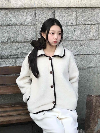Collar Contrast Button Oversized Sherpa Jacket