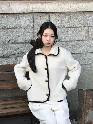 Collar Contrast Button Oversized Sherpa Jacket