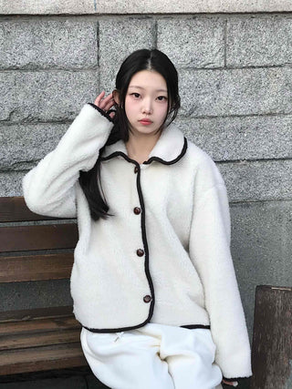 Collar Contrast Button Oversized Sherpa Jacket