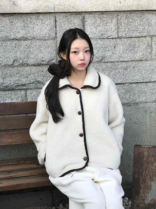 Collar Contrast Button Oversized Sherpa Jacket
