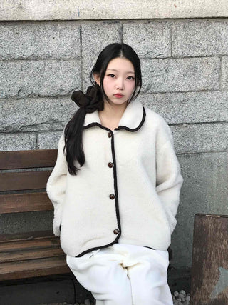 Collar Contrast Button Oversized Sherpa Jacket