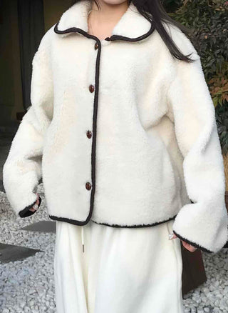 Collar Contrast Button Oversized Sherpa Jacket