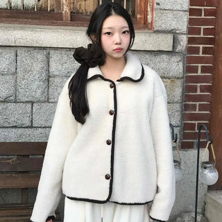 Collar Contrast Button Oversized Sherpa Jacket
