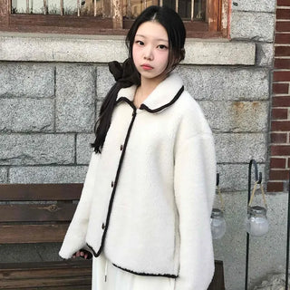 Collar Contrast Button Oversized Sherpa Jacket