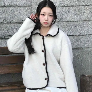 Collar Contrast Button Oversized Sherpa Jacket