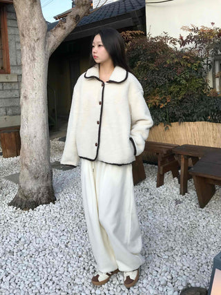 Collar Contrast Button Oversized Sherpa Jacket