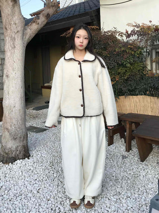 Collar Contrast Button Oversized Sherpa Jacket