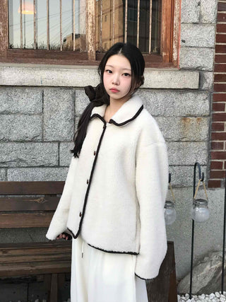 Collar Contrast Button Oversized Sherpa Jacket