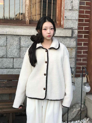 Collar Contrast Button Oversized Sherpa Jacket