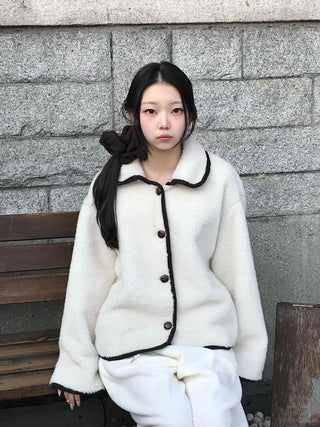 Collar Contrast Button Oversized Sherpa Jacket