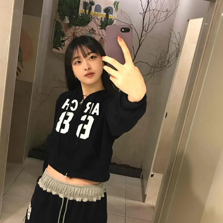 Numbering Print Crop Hoodie Tracksuit Set