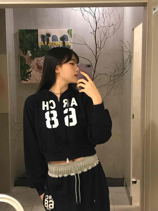 Numbering Print Crop Hoodie Tracksuit Set
