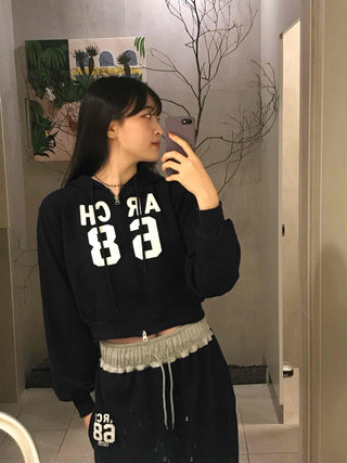 Numbering Print Crop Hoodie Tracksuit Set