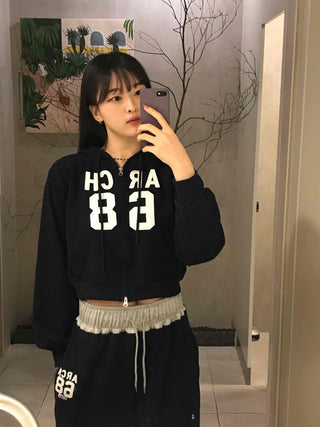 Numbering Print Crop Hoodie Tracksuit Set