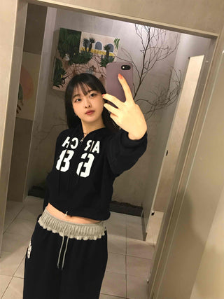 Numbering Print Crop Hoodie Tracksuit Set