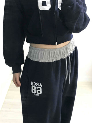 Numbering Print Crop Hoodie Tracksuit Set
