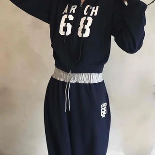 Numbering Print Crop Hoodie Tracksuit Set