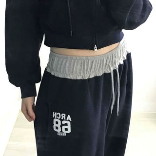 Numbering Print Crop Hoodie Tracksuit Set