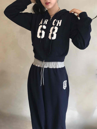 Numbering Print Crop Hoodie Tracksuit Set
