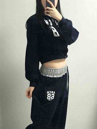 Numbering Print Crop Hoodie Tracksuit Set