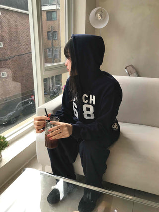 Numbering Print Crop Hoodie Tracksuit Set