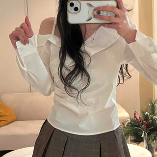 Classic V-neck Frill Asymmetrical Blouse