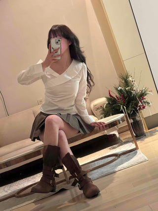 Classic V-neck Frill Asymmetrical Blouse