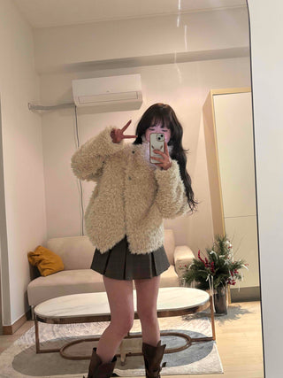 High-neck diagonal midi-length fur jacket