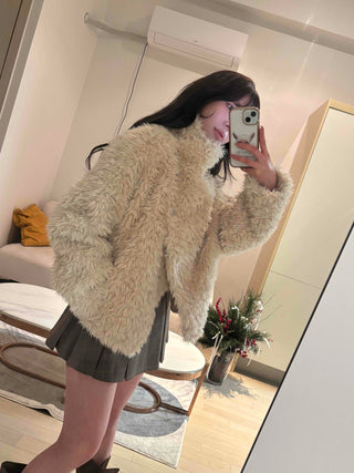 High-neck diagonal midi-length fur jacket