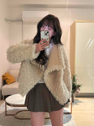 High-neck diagonal midi-length fur jacket