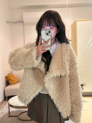 High-neck diagonal midi-length fur jacket