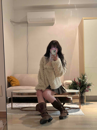 High-neck diagonal midi-length fur jacket