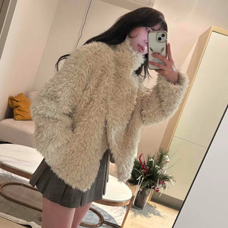 High-neck diagonal midi-length fur jacket