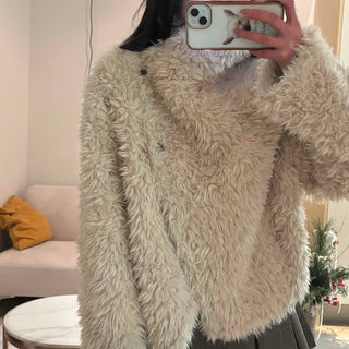 High-neck diagonal midi-length fur jacket