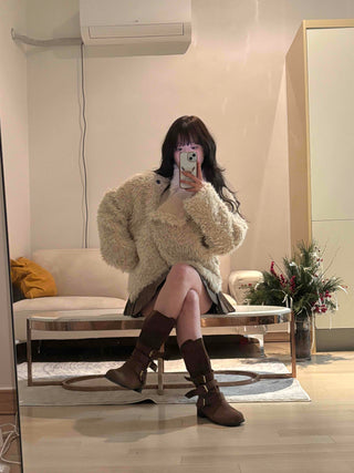 High-neck diagonal midi-length fur jacket