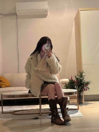 High-neck diagonal midi-length fur jacket