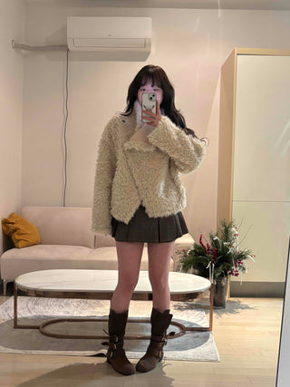 High-neck diagonal midi-length fur jacket