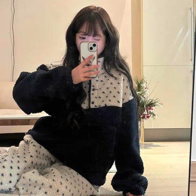 Heart Pattern Two-Tone Fleece Oversized Tracksuit Set