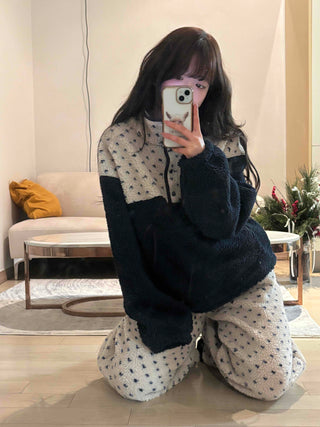 Heart Pattern Two-Tone Fleece Oversized Tracksuit Set